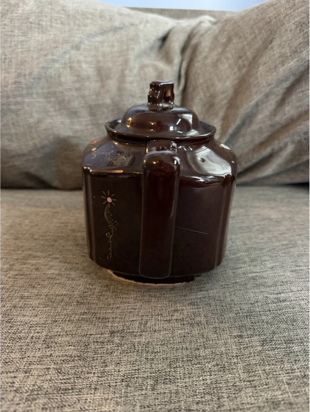 Vintage Made in Japan Brown Glazed Teapot Hand Painted Enamel Floral